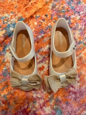 Mini Melissa Toddler Mary Jane Jelly Flats Cream Gold Glitter Bow Shoes